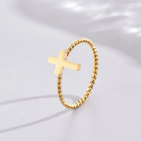 Anillo De Cruz Minimalista Acero Inoxidable Color Oro Diseño De Cuerda Trenzada Joyería De Moda Para Hombres Mujeres Estilo Religioso