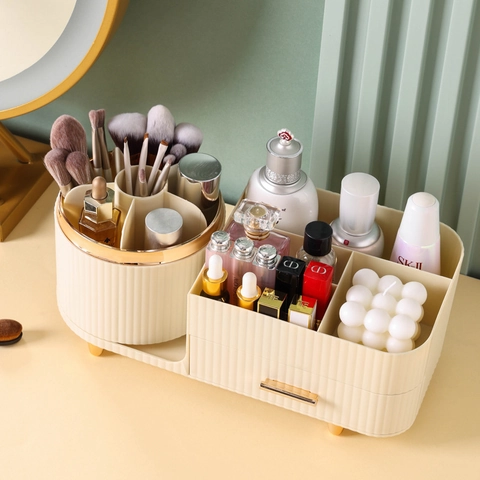 Boîte Organisateur De Maquillage Avec Porte Pinceaux Rotatif Antipoussière Couvercle Transparent Rangement Cosmétique