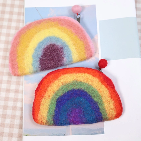 Handmade Wool Felt Coin Purse Rainbow Striped Macaron Mini Zipper Wallet Storage Bag For Coins Cards Keys Cute Pouch
