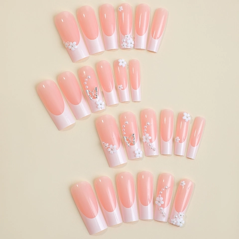 Extra Long Square Press On Nails Pink French Tip False Nails Decorated With 3D White Flowers And Silver Butterfly Artificial Pearls