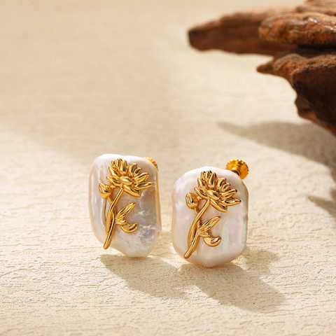 Vintage Artificial Baroque Pearl Earrings Gold Floral Leaf Design Clip On Stud Jewelry For Women Chinese Style
