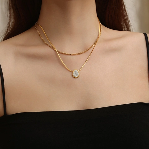 Stainless Steel Jewelry Set For Women Double Layer Snake Chain Heart Teardrop Pendant Rhinestone Necklace Earrings Gold Plated