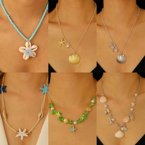Collier Pendentif Étoile de Mer et Coquille Bohème Alliage Imitation Künstliche Perle Bijoux de Plage Été pour Femmes