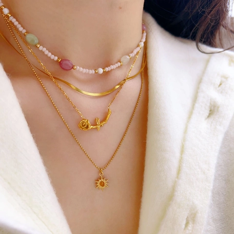 Stainless Steel Layered Necklaces Colorful Beaded Clavicle Chain Rose And Sun Pendants Fashion Jewelry For Women