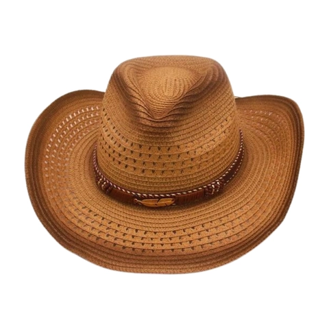 Western Cowboy Straw Hat Gradient Wide Brim Breathable Sun Shade Bohemian Retro Style With Leather Band Metal Feather