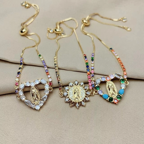 Bracelet Coeur Vierge Marie Cuivre Plaqué Or Avec Zircone Cubique Colorée Bijoux Religieux Pour Femmes Ajustable