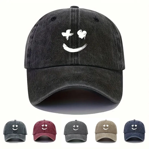 Gorra De Béisbol De Algodón Lavado Vintage Estampado De Cara Sonriente Graffiti Sombrero De Sol Ajustable Streetwear