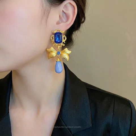 Vintage Französischer Stil Ohrringe Und Halskette Blauer Strass Schleife Wassertropfen Anhänger Mit 925 Sterling Silber Ohrstecker