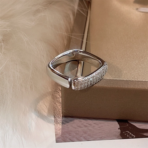 Square Geometric Open Ring For Women Copper Luxury Micro-pave Rhinestone Finger Ring Niche Design Adjustable Fashion Jewelry Gift