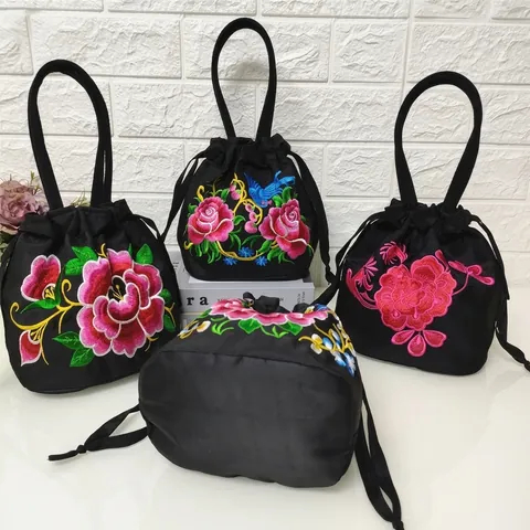 Sac Seau Brodé Style Ethnique Vintage Pour Femmes Toile Satin Petit Sac À Cordon Broderie Florale Sac À Main