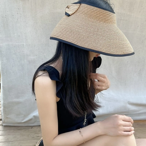 Chapeau Visière En Paille Large Bord Sommet Vide Nœud Pliable Respirant Plage Protection UV Femmes