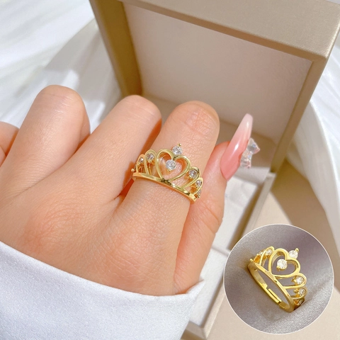 Crown Ring Brass Gold Plated Cubic Zirconia Hollow Heart Shape Adjustable Open Ring Jewelry For Women Elegant Gift