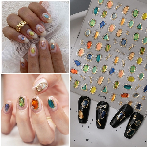 Adesivi Per Unghie 3D Rilievo Design Pietre Preziose Retro Bordi Dorati Autoadesivi Impermeabili Decorazione Manicure