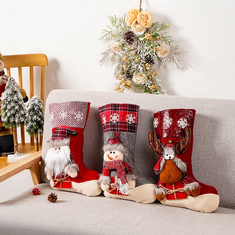 Grande Chaussette de Noël Sac Cadeau Flocons Bordure Plaid Père Noël Bonhomme de Neige Renne Sac à Bonbons Décoration Noël