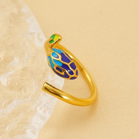 Elegant Leaf Open Ring For Women 18K Gold Plated Stainless Steel Colorful Enamel Adjustable Chic Fashion Jewelry Gift
