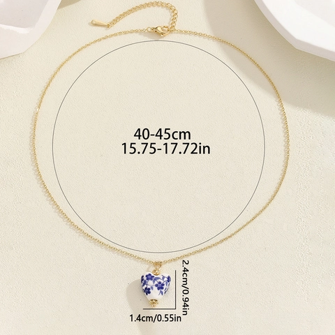 Herz Anhänger Halskette Mit Blau Weißer Keramik Porzellan Und 18K Vergoldeter Edelstahlkette Vintage Ethno Stil