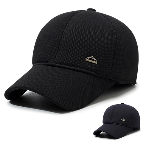Men Winter Baseball Cap With Ear Flaps Thermal Windproof Outdoor Thickened Waffle Texture Metal Mountain Logo Adjustable