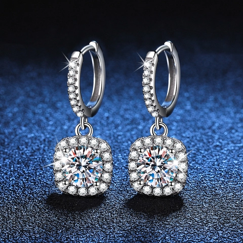 925 Sterling Silver Moissanite Halo Dangle Earrings For Women Square Round Cut Sparkly Stone Elegant Wedding Jewelry Gift