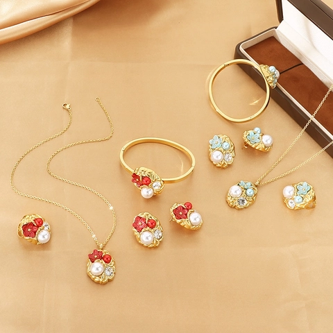 Geometric Flower Faux Artificial Pearl Rhinestone Necklace Earrings Bracelet Ring Jewelry 316L Stainless Steel Gold Plated Elegant Women