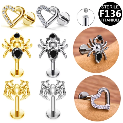 Titanium Internally Threaded Lip Ring Heart Spider Labret Stud Ear Cartilage Piercing Jewelry Rhinestone Inlaid Punk Body Piercing For Men Women