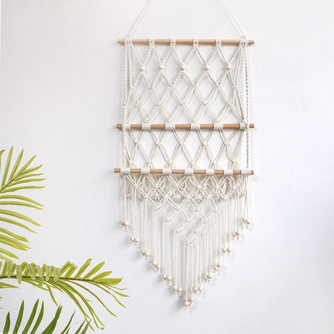 Tapisserie De Rangement Murale Macramé Corde De Coton Tissée À La Main Bâton En Bois Étagère À Revues Multi Couches Décor