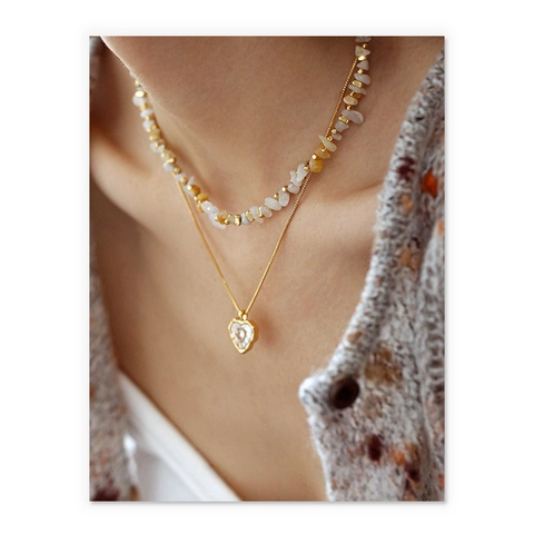 Minimalistische Messing 18K Vergulde Dubbele Laag Halsketting Voor Vrouwen Natuursteen Kralen Ketting Hart Schelp Hanger Halsketting Sieraden