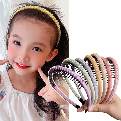 Diadema Antideslizante Para Niñas Niños Tela Plisada Con Dientes Banda De Pelo Simple Color Sólido Cuadros Accesorio