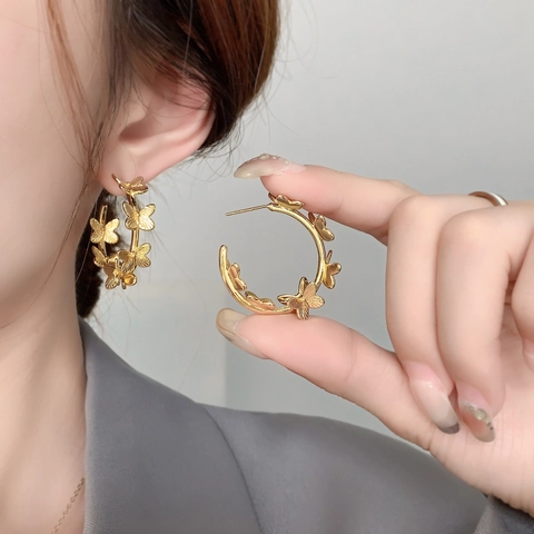 Boucles d'oreilles créoles creuses papillon cuivre plaqué or avec tige en argent sterling 925 bijoux mode minimaliste femme