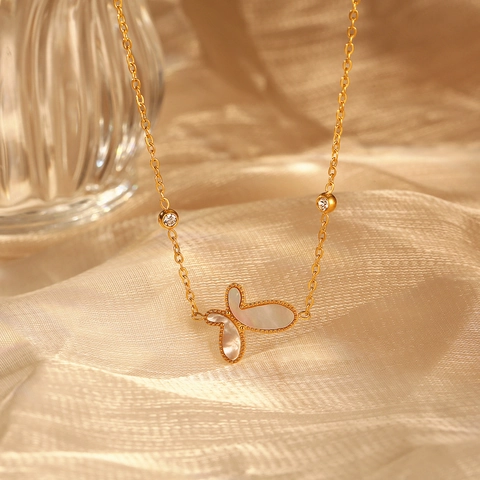Butterfly Pendant Necklace Gold Plated Titanium Steel White Mother Of Artificial Pearl Zircon Elegant Jewelry For Women