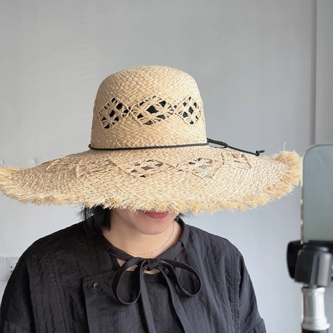 Women Raffia Straw Sun Hat Wide Brim Hollow Out Foldable Beach Vacation Frayed Edge Breathable Summer Shade Hat