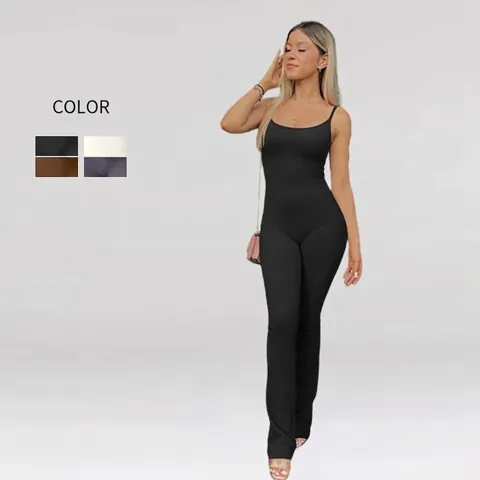 Women Seamless Ribbed Yoga Jumpsuit Spaghetti Strap Bootcut Bodysuit Nylon Spandex High Elasticity Breathable Gym Activewear