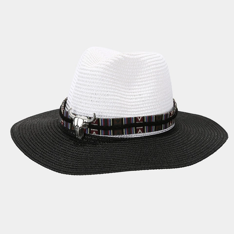 Chapeau De Cow-Boy En Paille Décor Tête De Taureau Ethnique Respirant Protection Solaire Été Plage Style Panama Unisexe