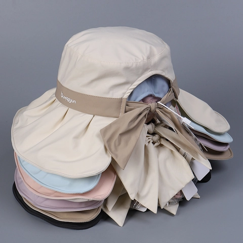 Women Wide Brim Bucket Hat UV Protection Foldable Sun Hat With Bow Tie And Ponytail Hole Polyester Summer Beach