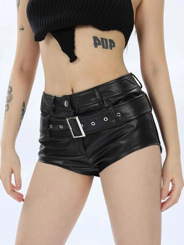 Damen PU Leder Hot Pants Mit Gürtel Metall Schnalle Nachtclub Party Y2K Punk Sexy Slim Fit Shorts Schwarz