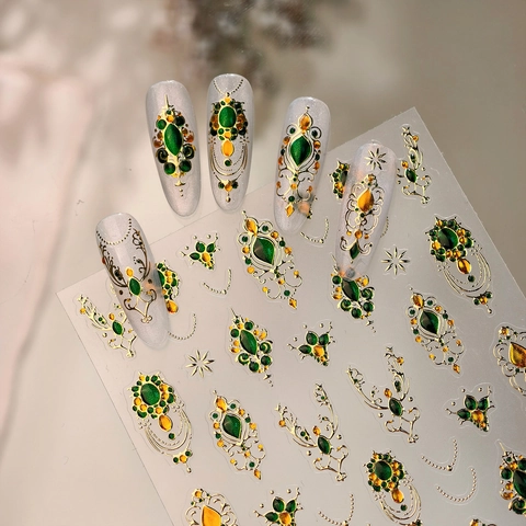 Stickers Nail Art Relief 3D Vintage Baroque Feuille Or Motif Pierre Précieuse Fleur Étoile Décoration Manucure Femmes