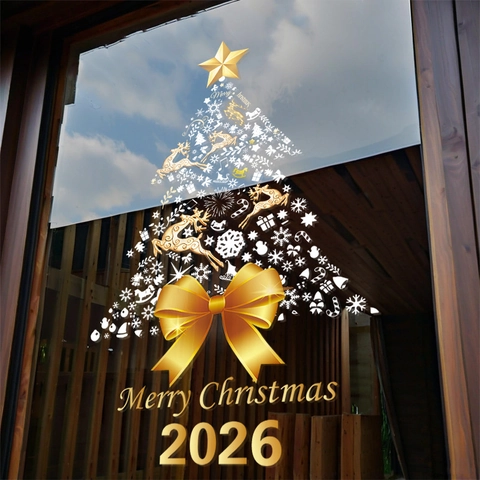 Christmas Tree Window Stickers Gold White Snowflake Reindeer Static Cling PVC Glass Decals Festive Holiday Decor 2026