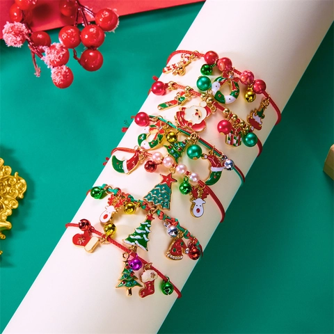 Bracciale Intrecciato Natalizio Con Ciondoli In Smalto Di Lega Renna Albero Campane Regalo Di Festa Regolabile