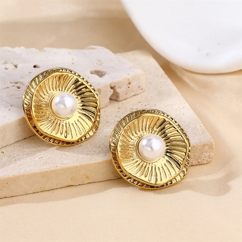 Pendientes de Botón de Acero Inoxidable de Lujo con Perla Artificial Mujer Vintage Chapado en Oro Flor Solar Joyería