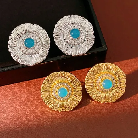 Orecchini A Lobo Vintage Girasole Tondi In Rame Con Zircone Turchese Sintetico E Silver Earring Post Per Donna Retro