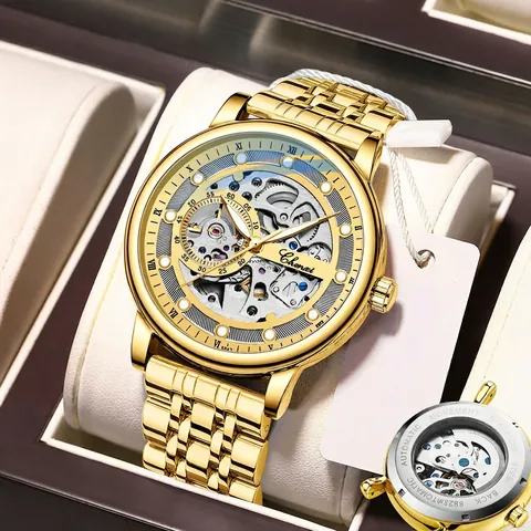 CHENXI Men's Automatic Skeleton Mechanical Watch Business Fashion Luminous Waterproof Leather Stainless Steel Band Wristwatch CX-8843