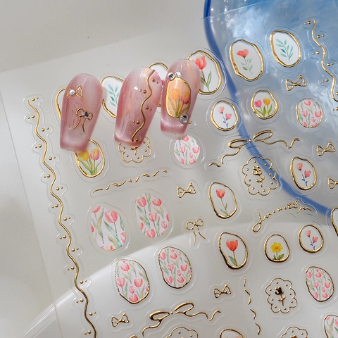 Autocollants À Ongles Embossés 5D Tulipe Florale Marquage À Chaud Style Français Décalcomanies Relief 3D Pour Manucure