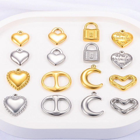 Stainless Steel Pendants Charms DIY Jewelry Making Polished Heart Moon Lock Butterfly Wing Paperclip Oval Shapes