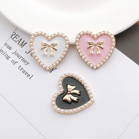 Heart Shaped Alloy Enamel Charms With Faux Artificial Pearl And Gold Bow For DIY Crafts Phone Case Shoe Decoration