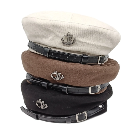 Vintage Marine-Stil Schirmmütze Für Damen Wollene Flache Baskenmütze Mit Lederband Und Metall Anker Abzeichen Dekoration