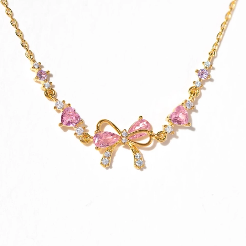 Bracciale Charms Fiocco Cuore Rame Con Zircone Rosa Placcato Oro 14K Gioielli Dolci Per Donne Regalo San Valentino