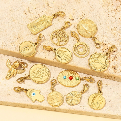 Edelstahl Anhänger Vergoldet DIY Pendants Karabinerverschluss Lebensbaum Engel Hand Der Fatima Jungfrau Maria Religiös