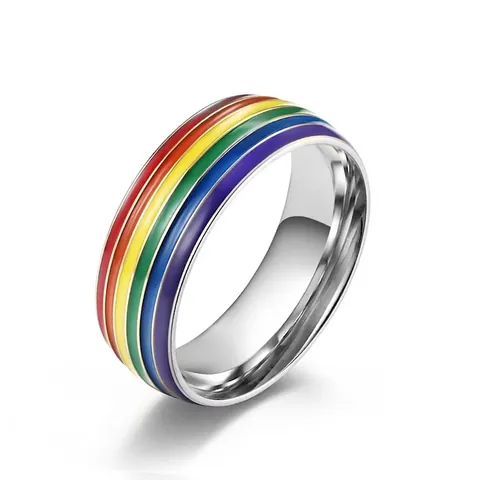 Stainless Steel Rainbow Striped Ring For Men Women LGBTQ Pride Jewelry Gold Silver Black Enamel Band Ring Accessories