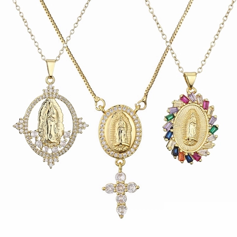 Collar Colgante Virgen María Religiosa Chapado En Oro Cobre Circón Cruz Joyería Moda Para Mujeres Hombres