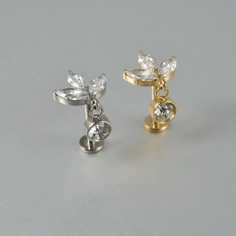 Marquise Cubic Zirconia Leaf Dangle G23 Titanium Labret Stud Piercing Jewelry Internally Threaded Ear Cartilage Bone Nail