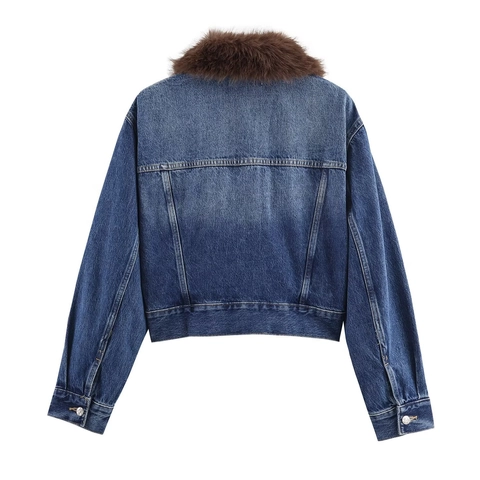 Damen Denim Jacke Mit Kunstpelzkragen Langarm Waschblau Knöpfe Kurze Jacke Retro Casual Outerwear
